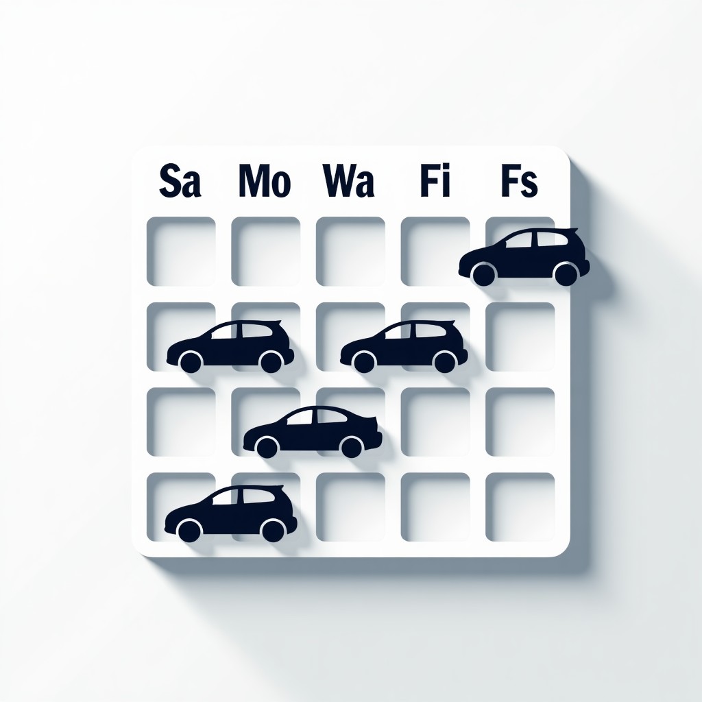 A professional and clean graphic design showing a calendar grid with car silhouettes, highlighting one day of the week as restricted, modern minimalist style, bright lighting, high contrast, 4:3 aspect ratio.