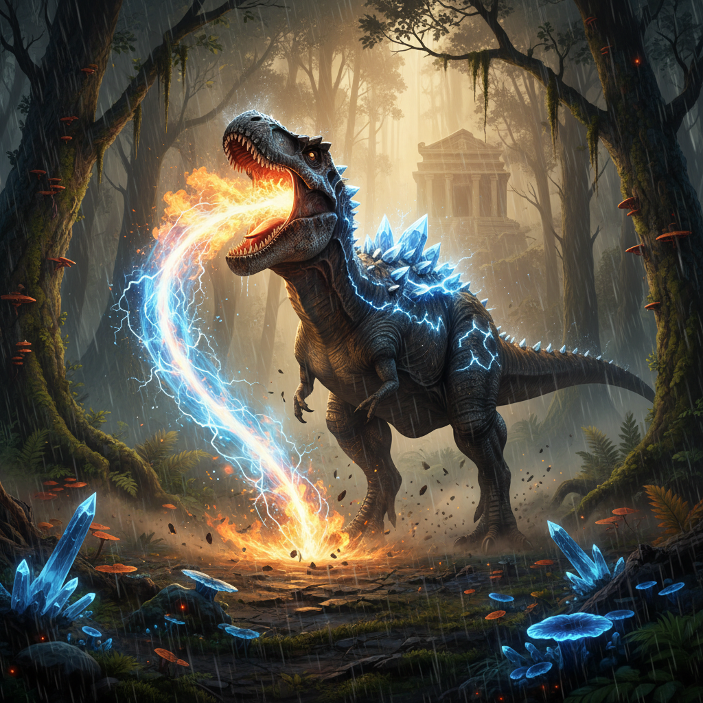 강력한 공룡 캐릭터가 화려한 스킬을 사용하는 모습