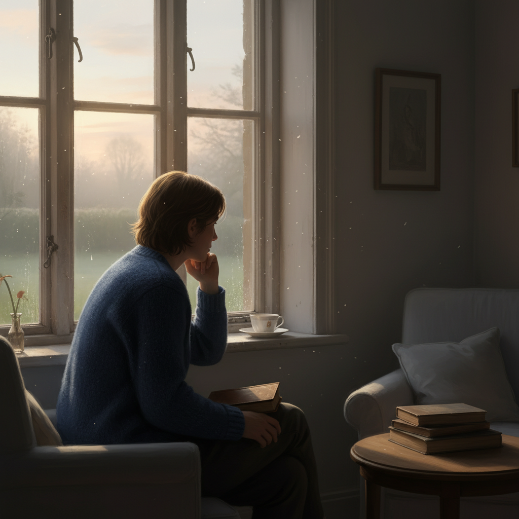 고요한 새벽 창가에 앉아 생각에 잠긴 사람