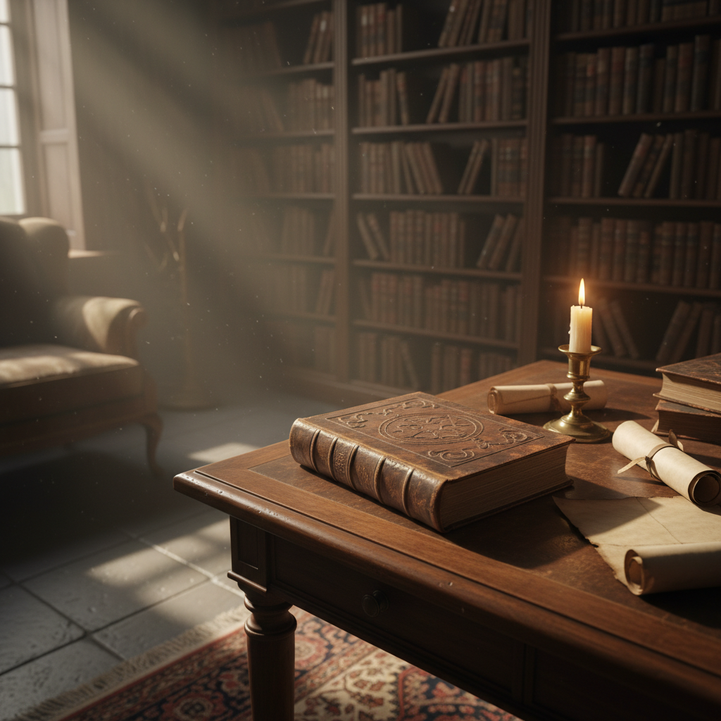 고풍스러운 서재에 놓인 오래된 책 한 권