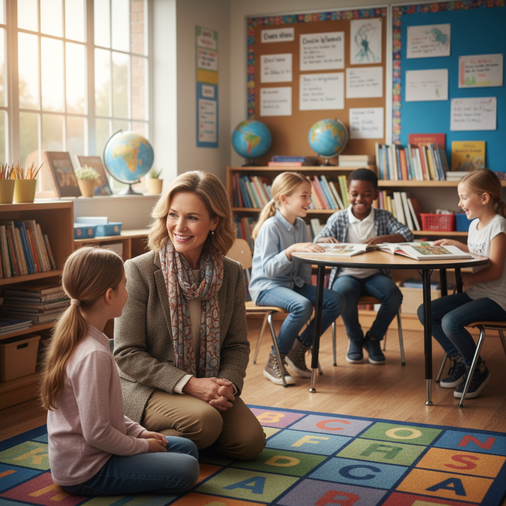 교실에서 아이들과 눈을 맞추며 대화하는 선생님의 모습