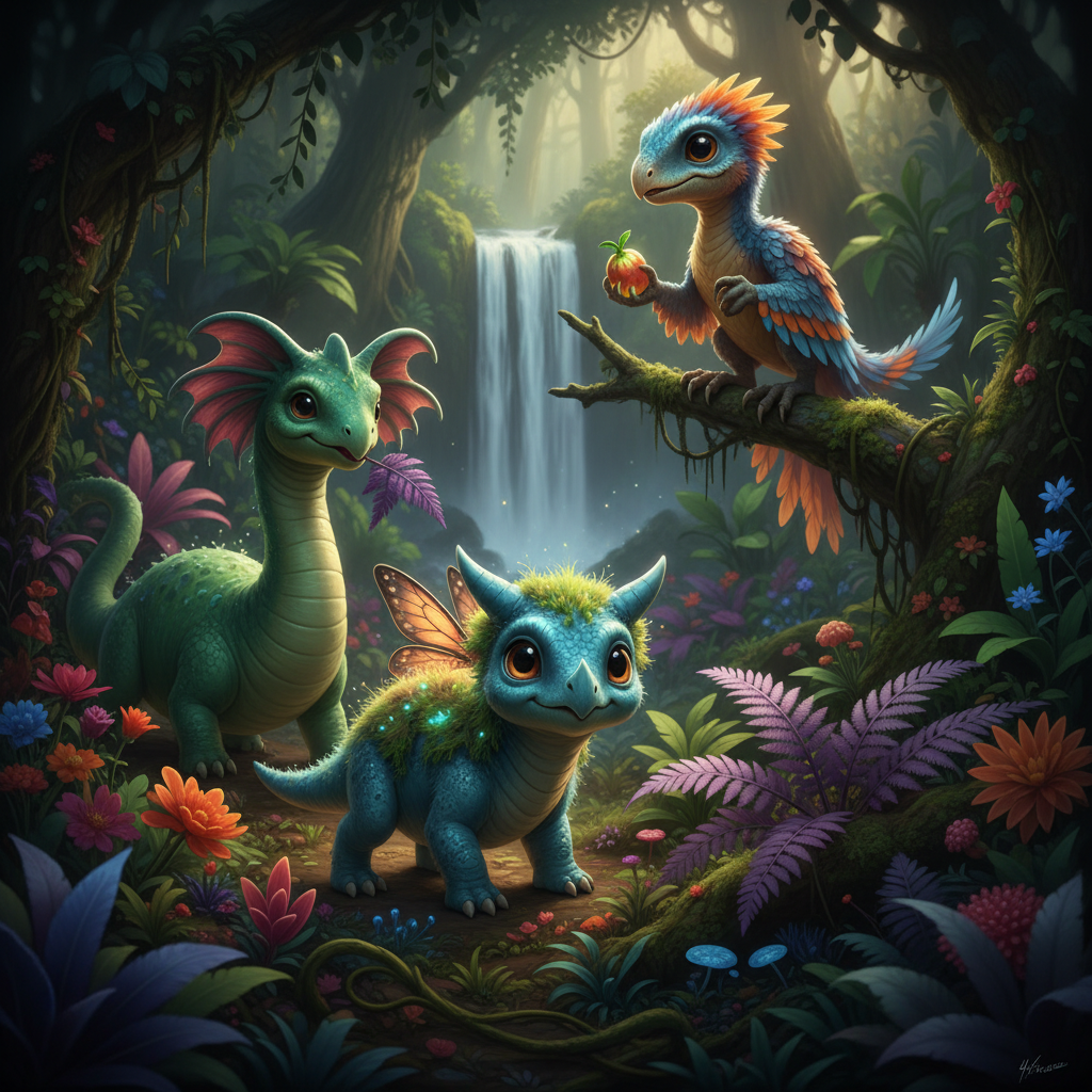 귀여운 공룡 캐릭터들이 모여있는 게임 화면