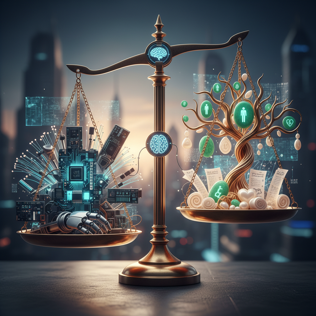 기술과 윤리 사이의 긴장감을 상징하는 추상적인 이미지