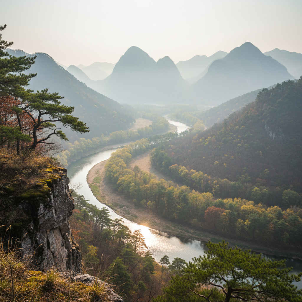 깎아지른 절벽 위에서 바라본 영월 서강의 풍경