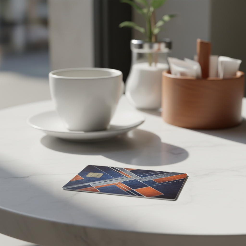 깔끔한 디자인의 체크카드가 놓여있는 카페 테이블