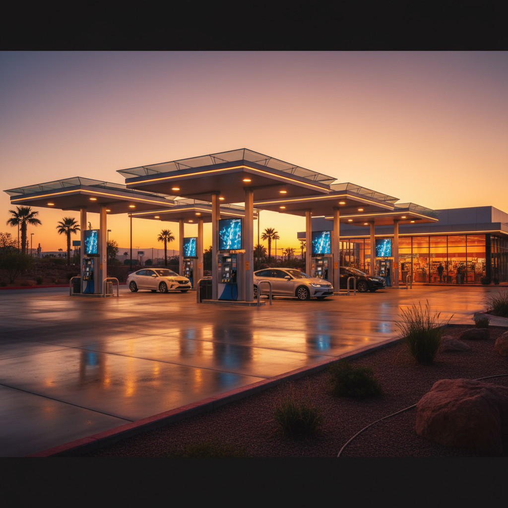 노을지는 배경 아래 한산한 주유소의 모습