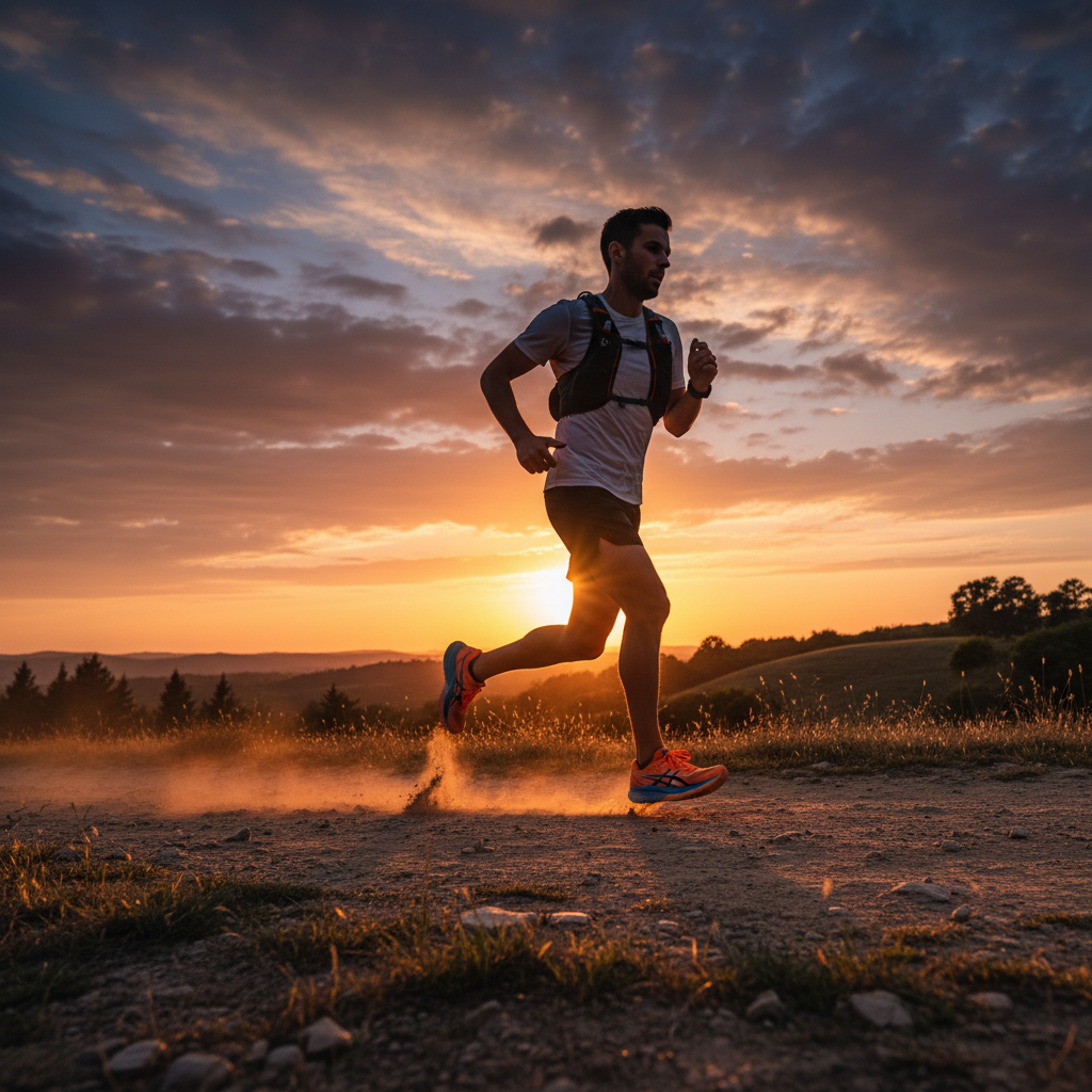 노을 지는 공원에서 달리는 러너의 뒷모습