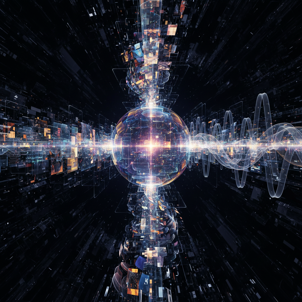 다양한 디지털 매체가 통합되는 모습을 시각화한 이미지