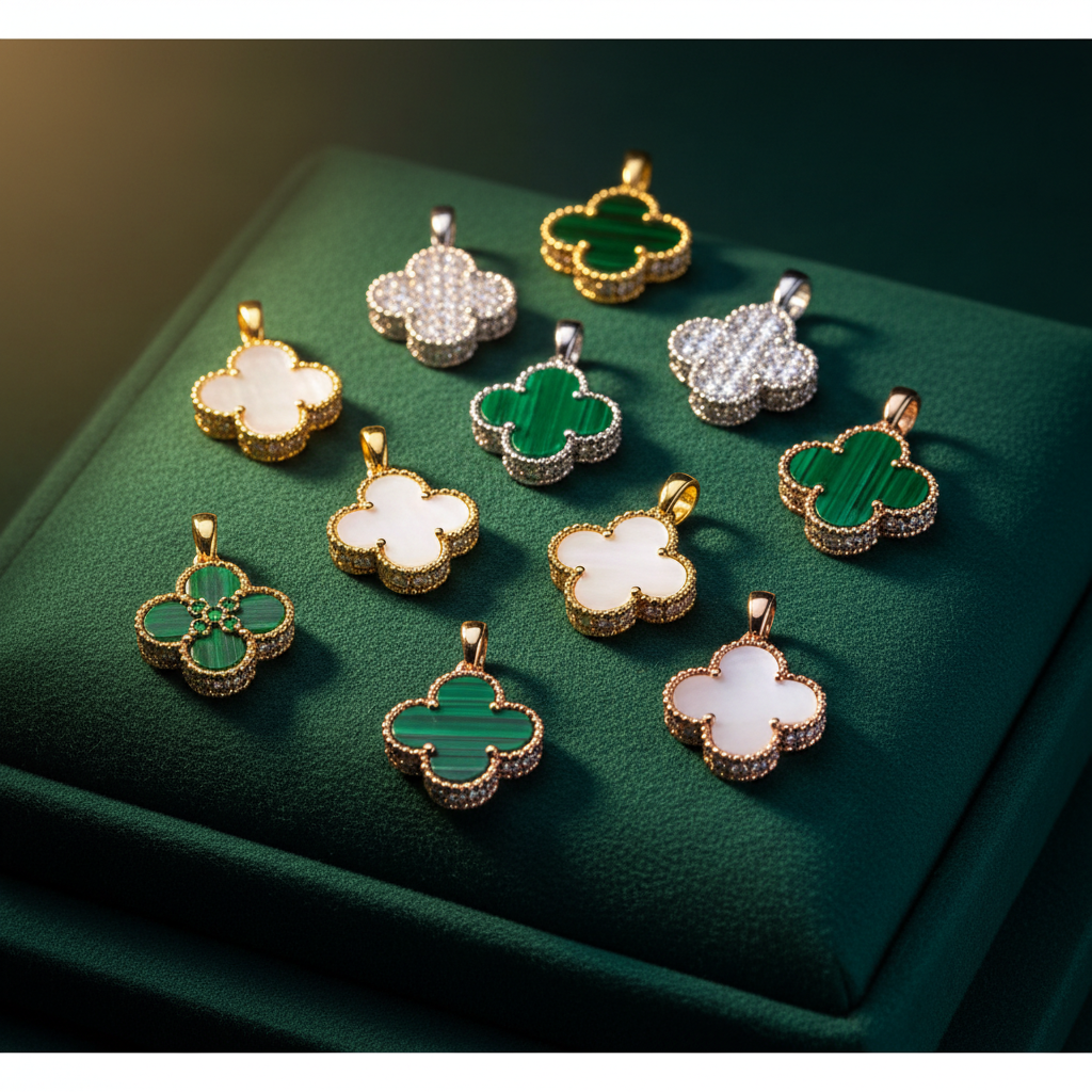 다양한 소재의 반클리프 펜던트가 진열된 모습