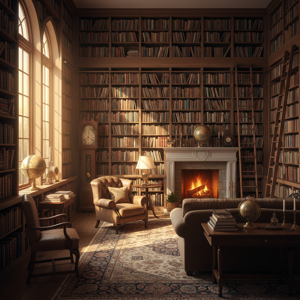 다양한 책이 쌓여 있는 서재