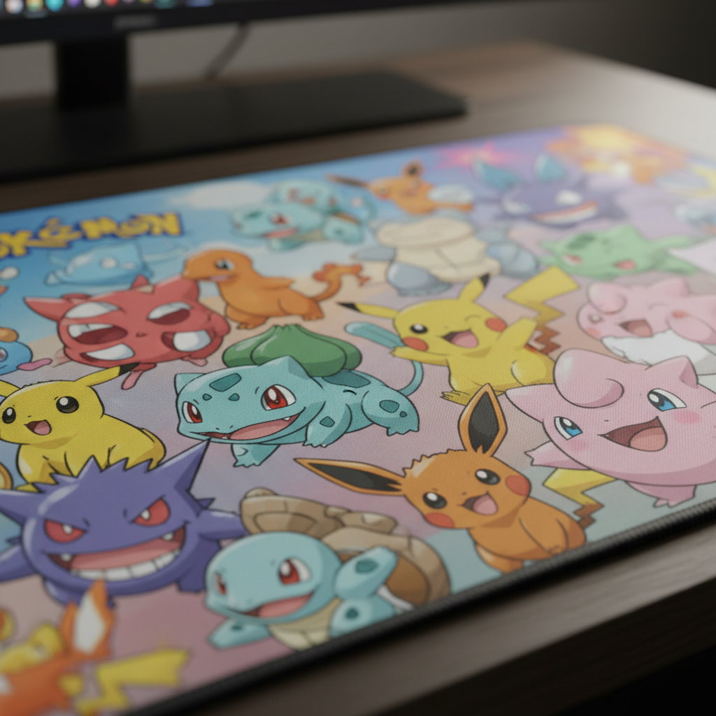 다양한 포켓몬 캐릭터가 그려진 장패드의 근접 사진