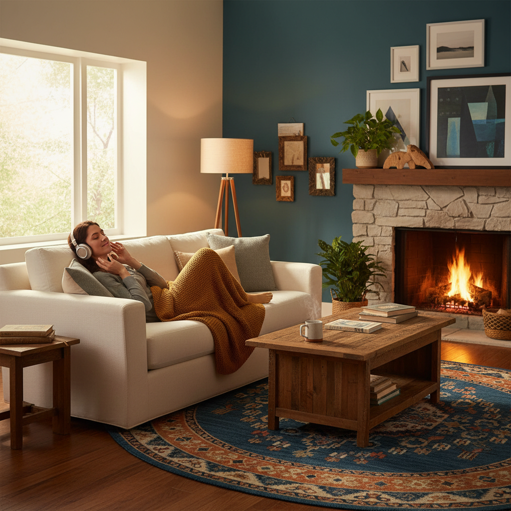 따뜻한 조명이 있는 거실에서 음악을 듣는 모습