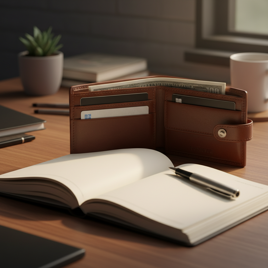 따뜻한 조명 아래 정돈된 지갑과 가계부