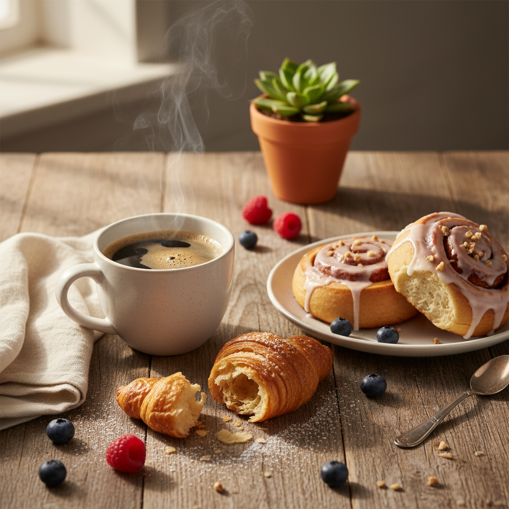 따뜻한 커피와 두쫀팝을 함께 즐기는 테이블