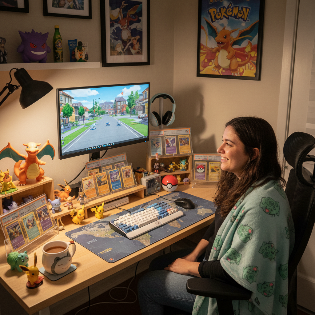 만족스러운 표정으로 책상을 바라보는 모습