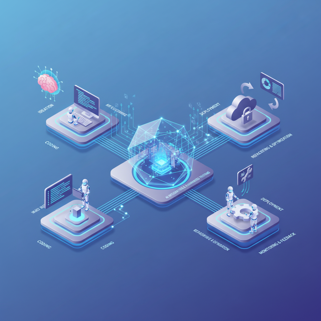 미래 지향적인 소프트웨어 개발 워크플로우를 시각화한 그래픽