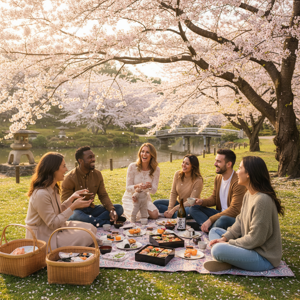 벚꽃 나무 아래에서 피크닉을 즐기는 사람들