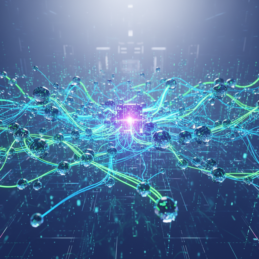 복잡한 데이터가 AI 기술로 자동화되어 연결되는 그래픽