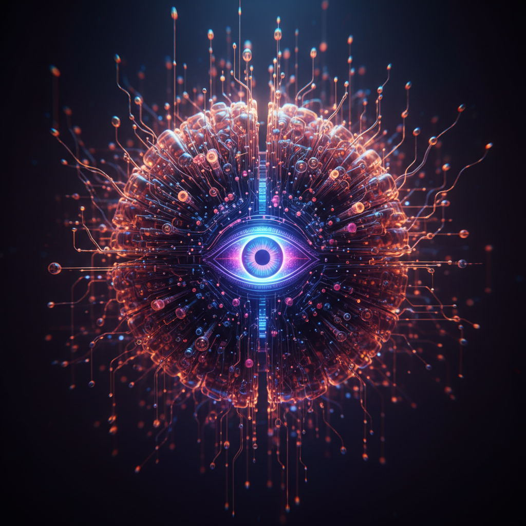 복잡한 데이터 네트워크와 인공지능의 차가운 눈동자