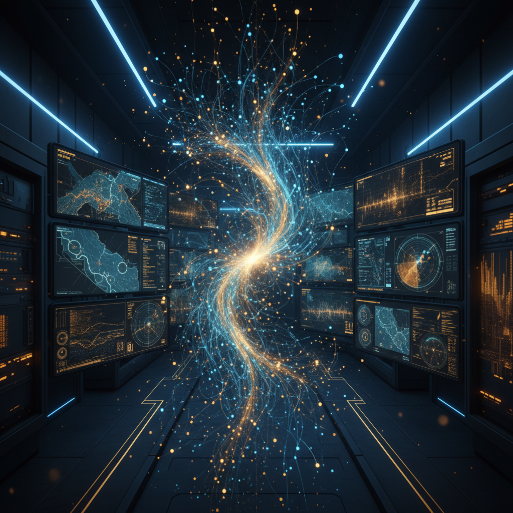 복잡한 디지털 네트워크와 군사적 요소를 형상화한 이미지