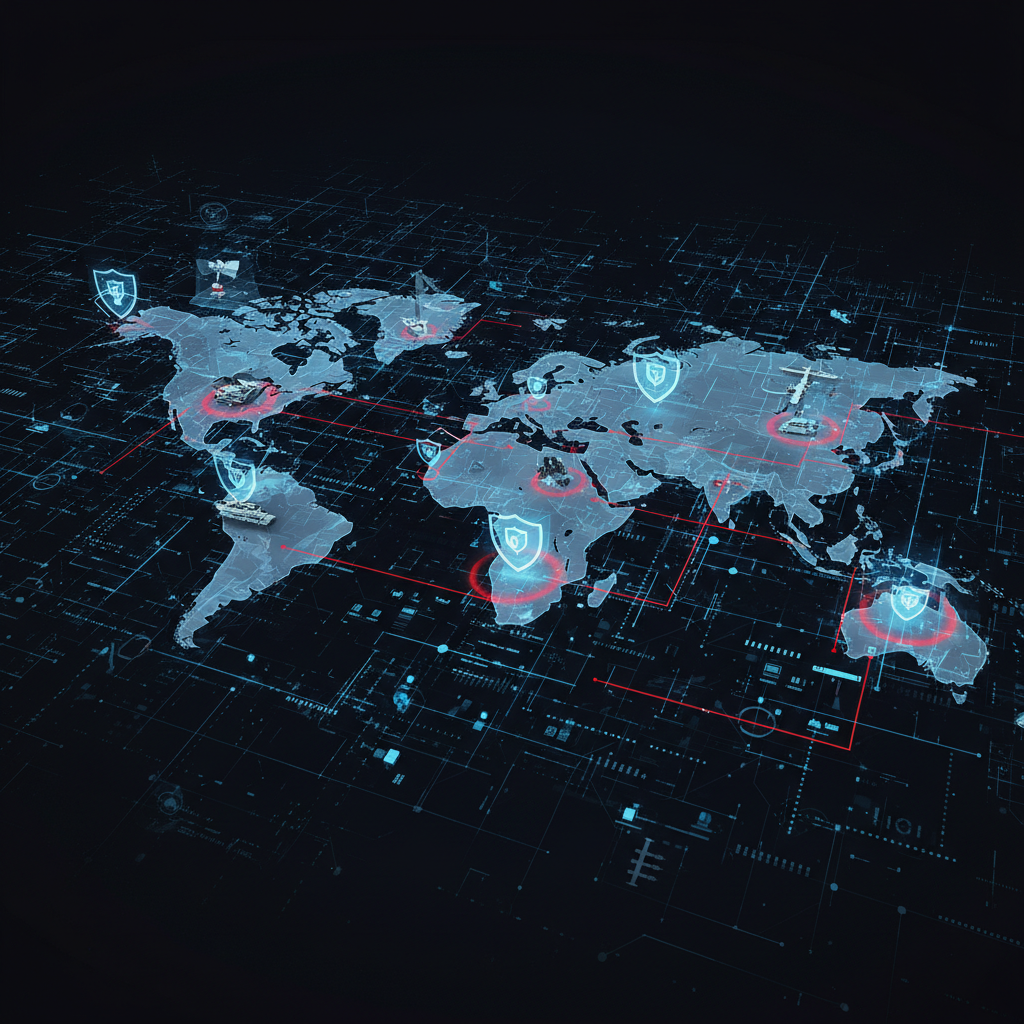 복잡한 디지털 네트워크와 군사 전략 기호가 겹쳐진 모습