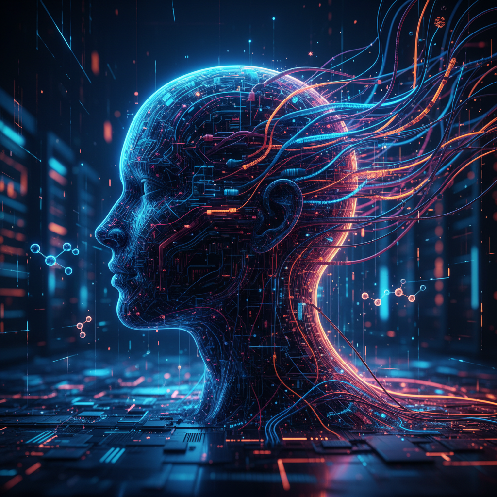 복잡한 디지털 데이터와 인간의 뇌를 형상화한 이미지