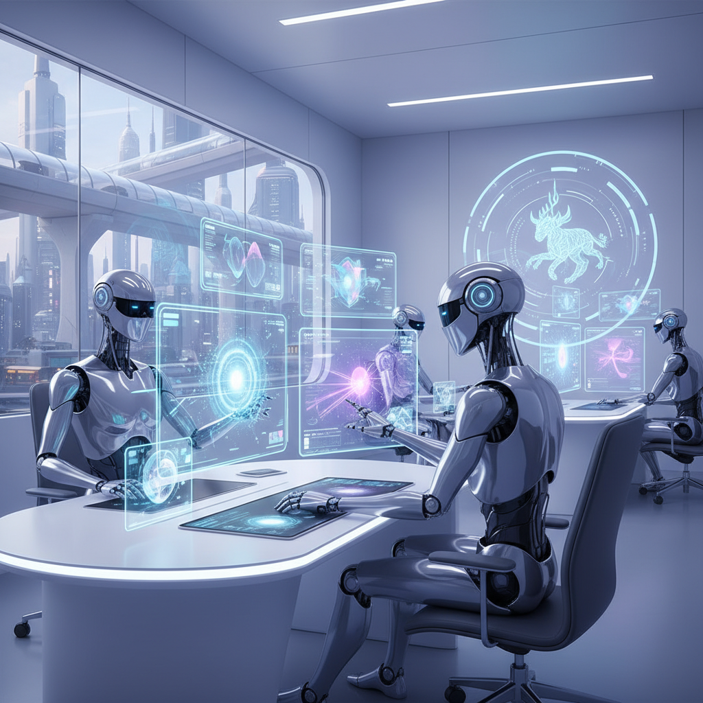 복잡한 디지털 작업이 자동화되는 미래적인 컨셉 아트