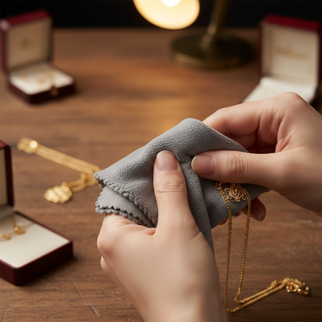 부드러운 천으로 목걸이를 닦는 모습