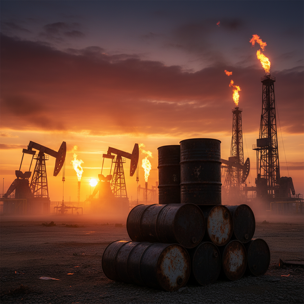 불타오르는 유정과 그 앞에 쌓인 원유 드럼통