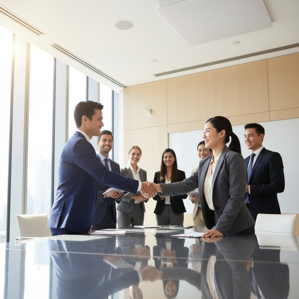 비즈니스 회의에서 성공적인 투자를 기념하는 악수