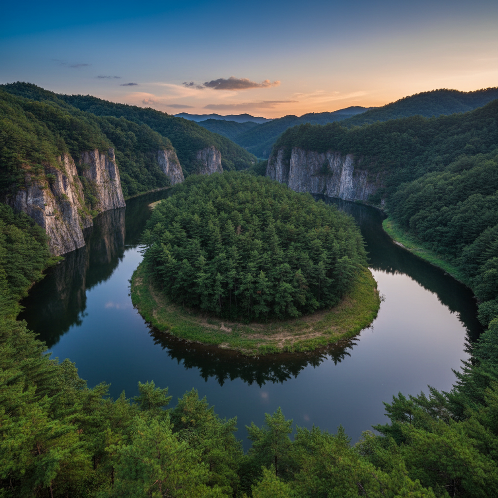 서강의 푸른 물줄기에 둘러싸인 청령포의 전경