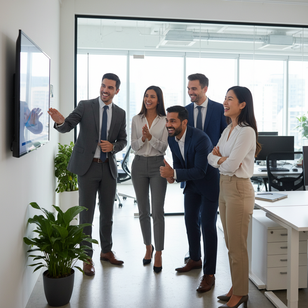성공적으로 프로젝트를 완수하고 만족하는 비즈니스 팀
