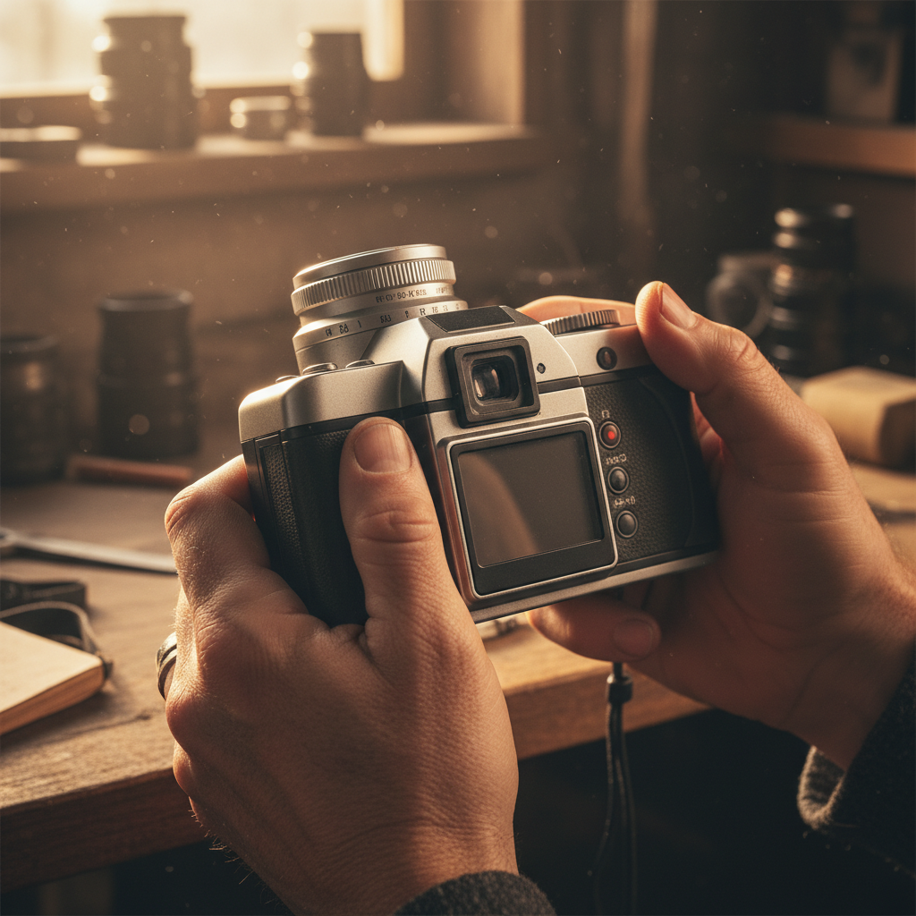 손에 쥐어진 오래된 빈티지 디카의 모습