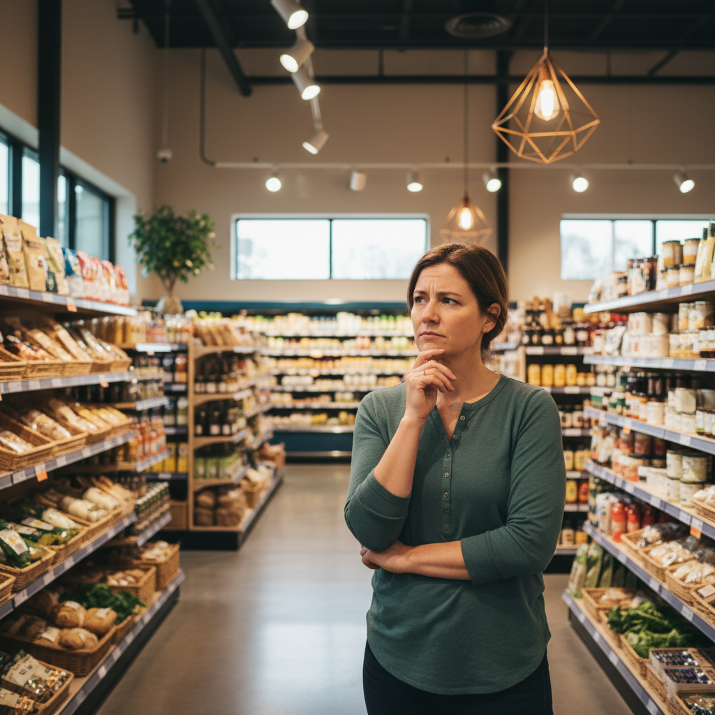 쇼핑 중에 고민하는 사람의 모습