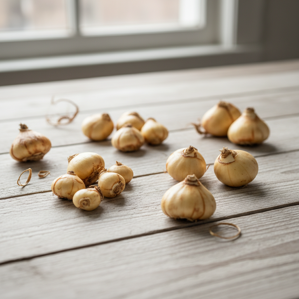 수확하여 건조 중인 프리지아 구근들