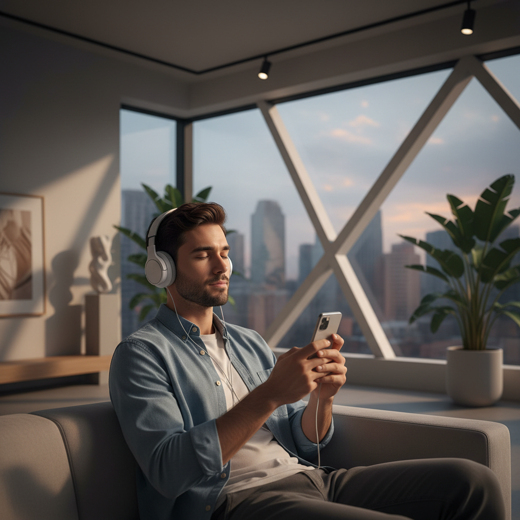 스마트폰으로 애플뮤직을 감상하는 사람의 모습