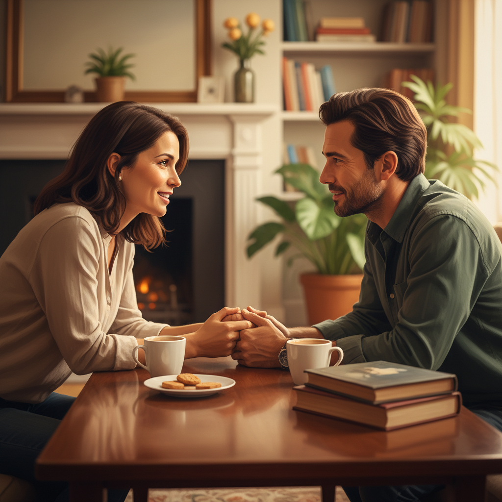 신뢰와 소통을 상징하는 두 사람의 마주 앉은 모습