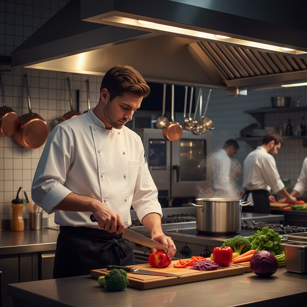 신선한 제철 채소와 식재료를 손질하는 주방