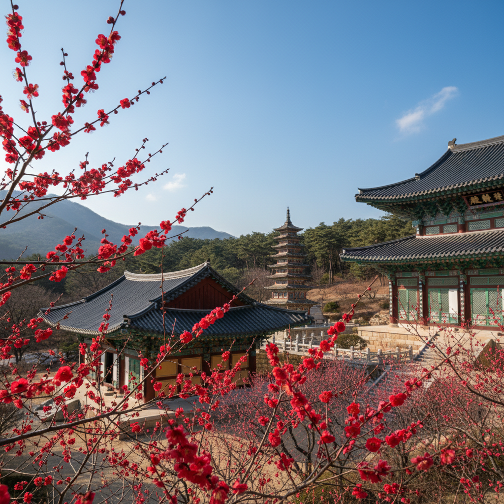 양산 통도사의 고즈넉한 풍경과 붉게 피어난 홍매화