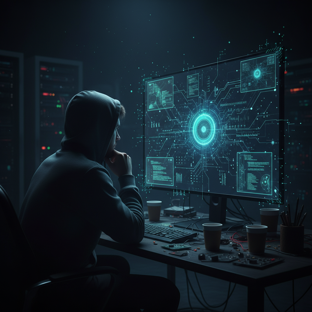 어두운 배경에 빛나는 AI 인터페이스와 고민하는 사람의 실루엣