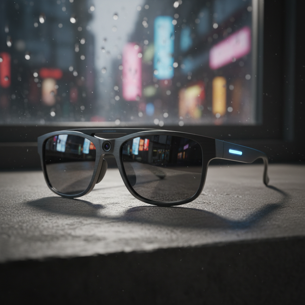 어두운 배경 속에서 빛나는 스마트글라스의 렌즈