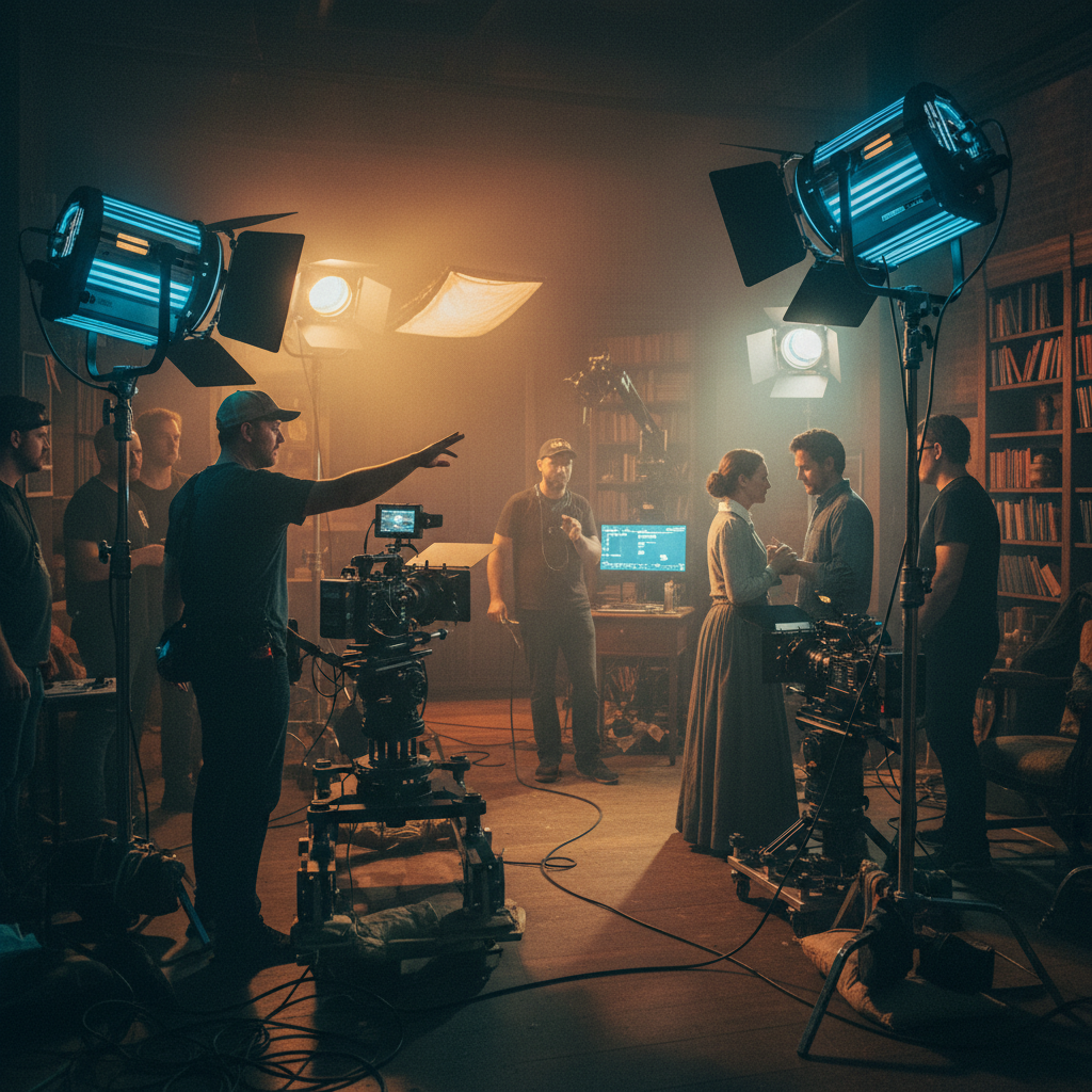 영화 촬영장의 조명과 장비