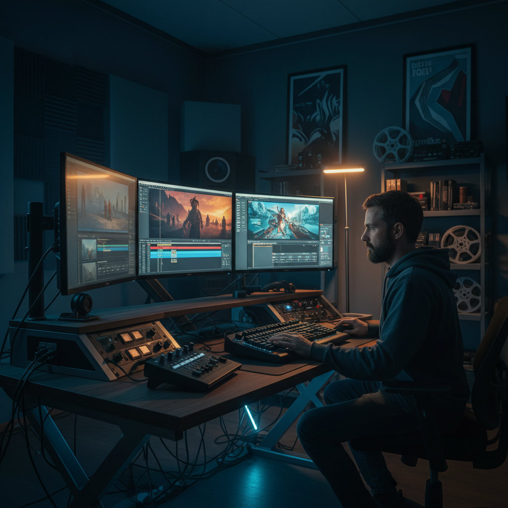 영화 편집 작업실에서 모니터를 응시하는 제작자