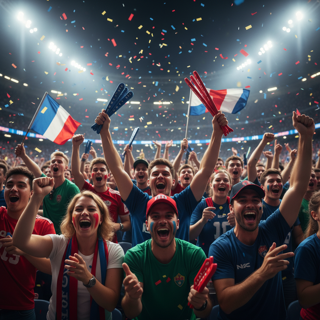 응원 도구를 들고 열광하는 관중들의 모습