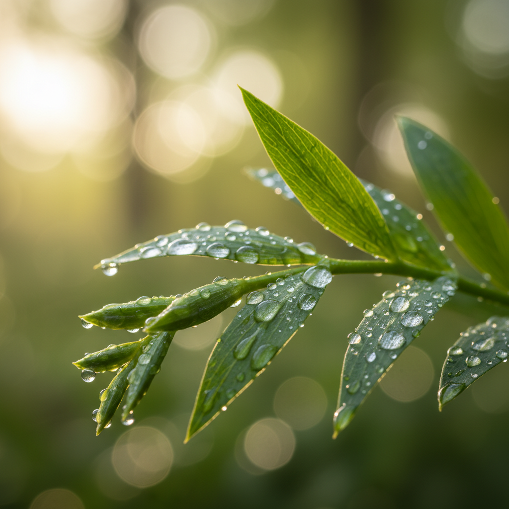 잎에 물방울이 맺힌 싱그러운 프리지아