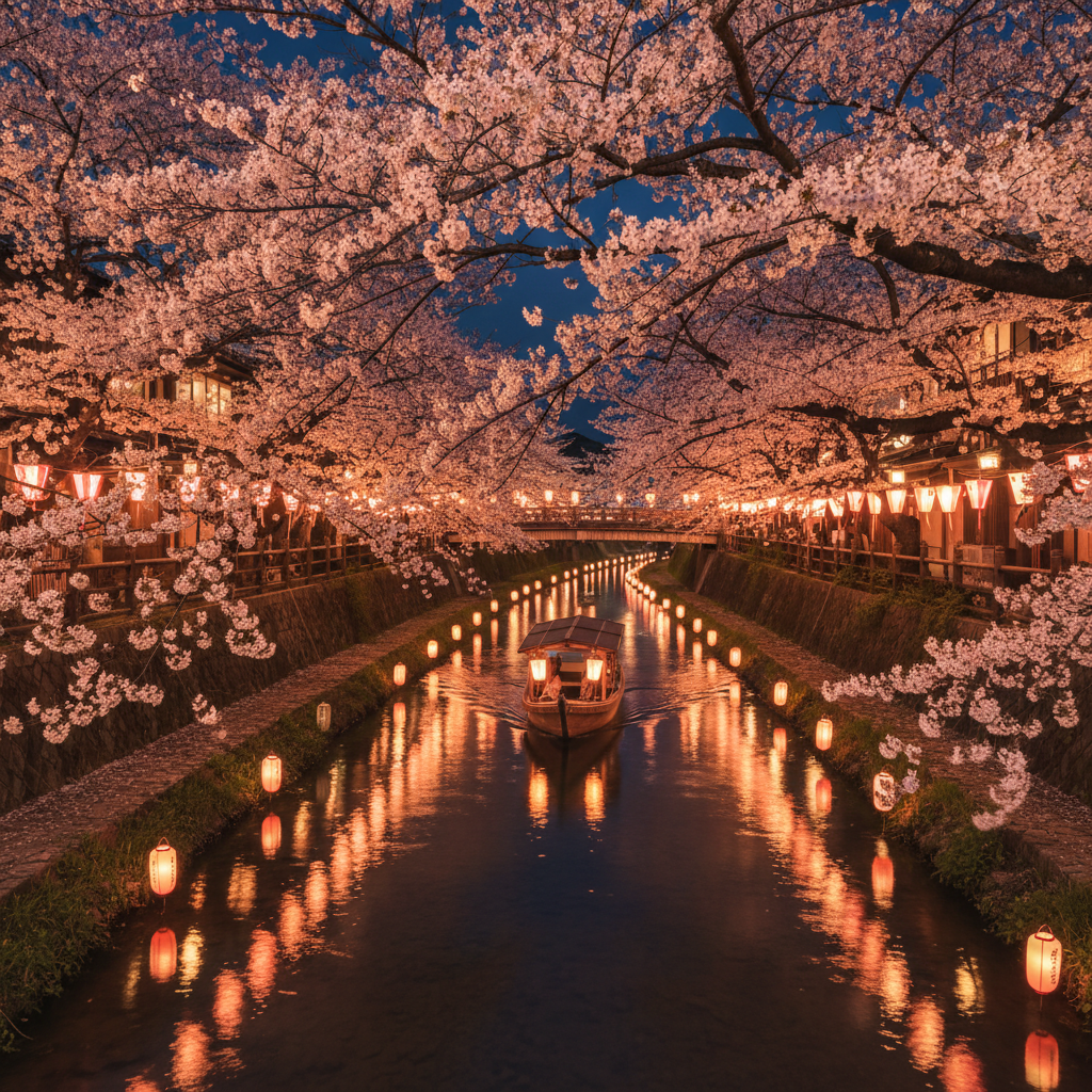 조명이 켜진 야간 벚꽃 명소