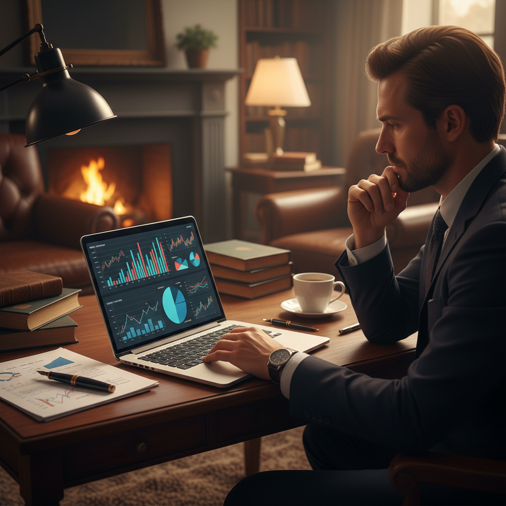 차분하게 노트북으로 주식을 관리하는 모습