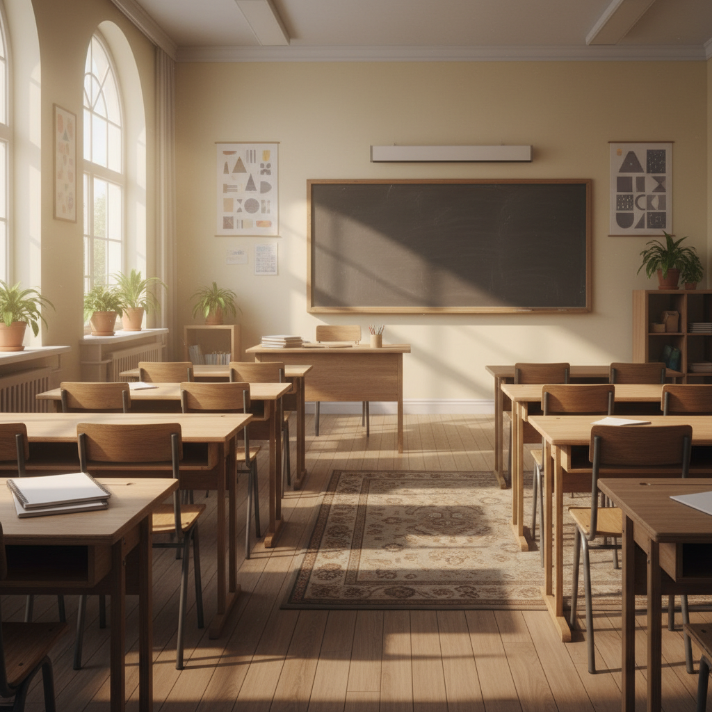 창밖으로 햇살이 들어오는 교실의 따뜻한 분위기