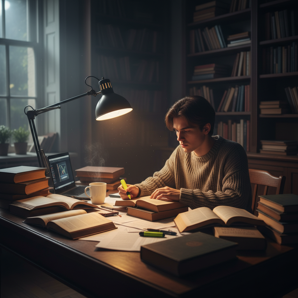 책상 위에서 진지하게 공부하고 있는 모습