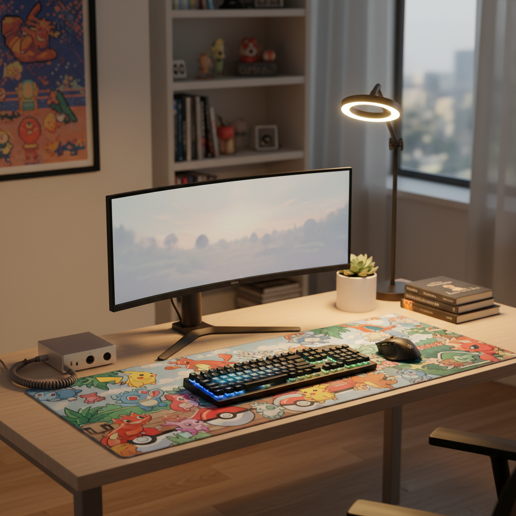 책상 위에 깔린 화사한 포켓몬 디자인 장패드